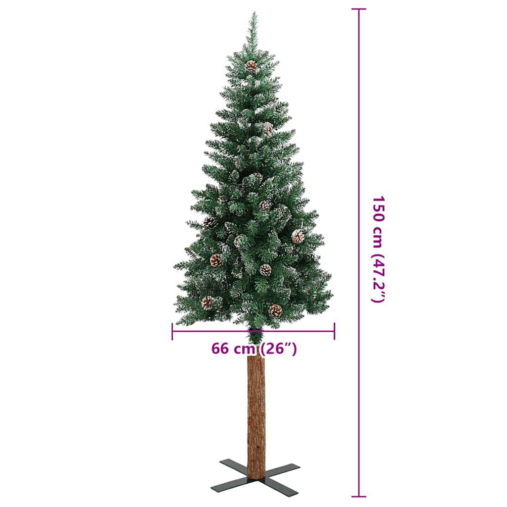 Kerstboom met echt hout en sneeuw smal 150 cm groen