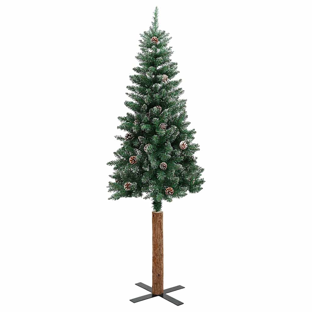 Kerstboom met echt hout en sneeuw smal 210 cm groen