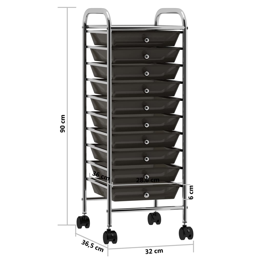 Opbergtrolley met 10 lades mobiel kunststof zwart