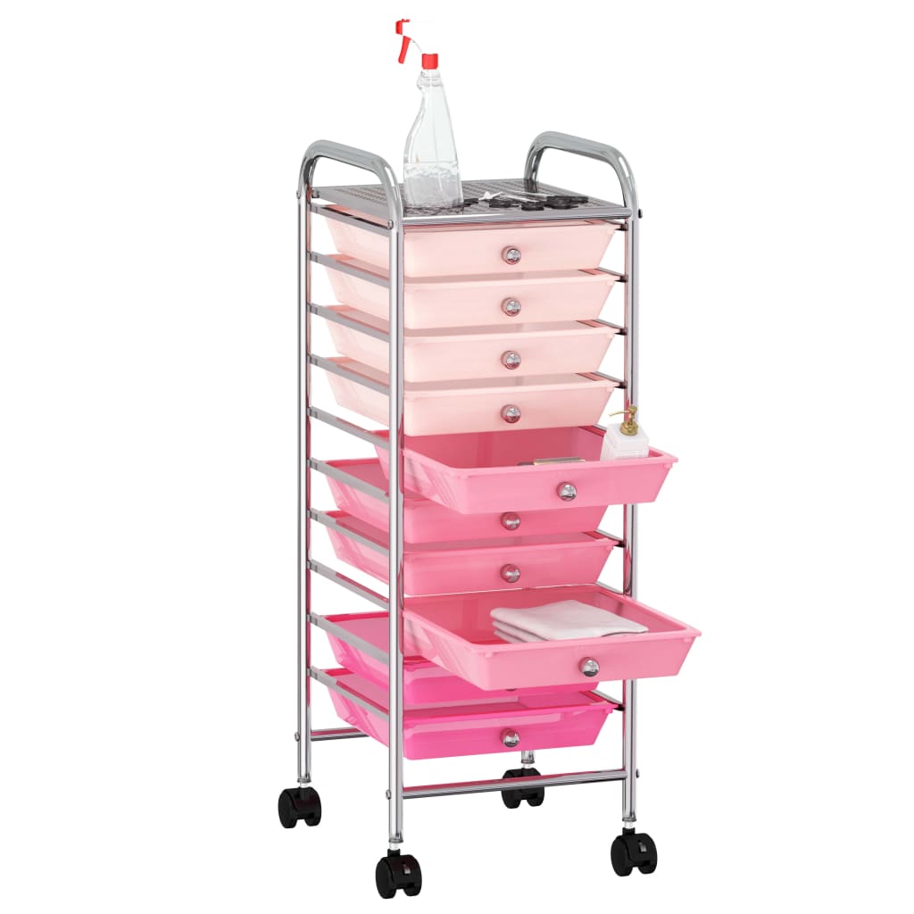 Opbergtrolley met 10 lades mobiel kunststof ombre roze