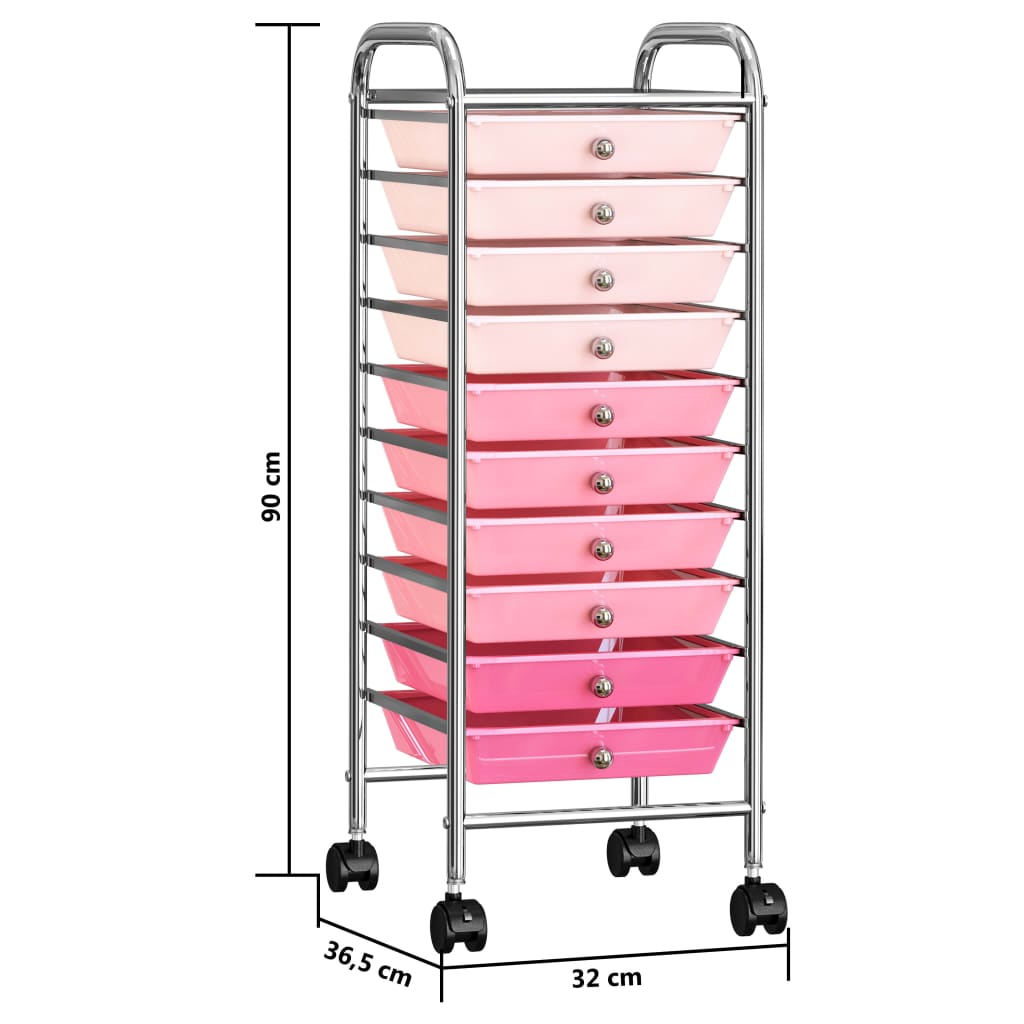 Opbergtrolley met 10 lades mobiel kunststof ombre roze