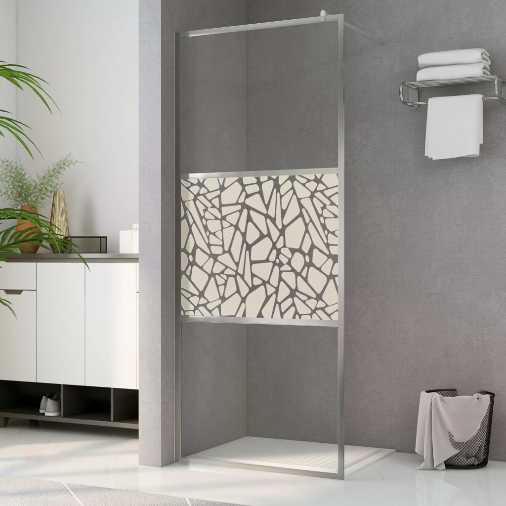 Inloopdouchewand Met Stenenmotief 90X195 Cm Esg-Glas 90 x 195 cm Zilver glass and stone