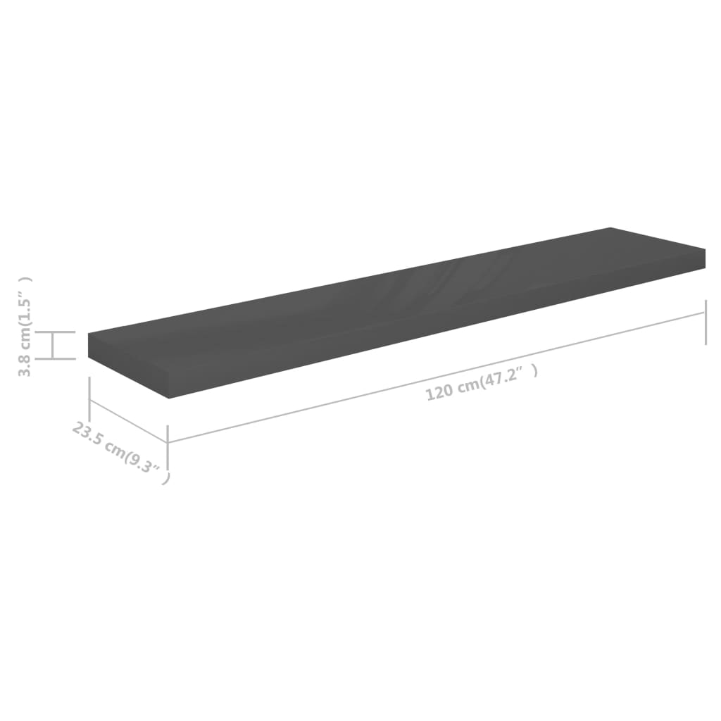 Wandschappen Zwevend 2 St 120X23,5X3,8 Cm Mdf Hoogglans Grijs 120 x 23.5 x 3.8 cm