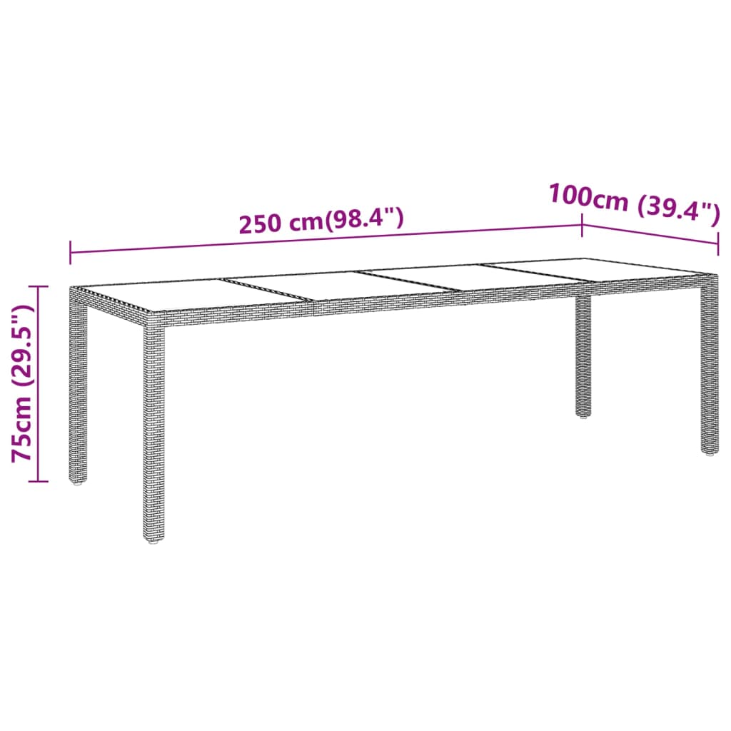 Tuintafel 250X00X75 Cm Gehard Glas En Poly Rattan Zwart