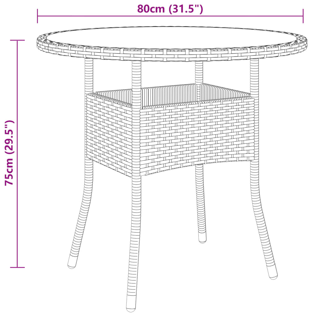 Tuintafel Ø80X75 Cm Gehard Glas En Poly Rattan Beige