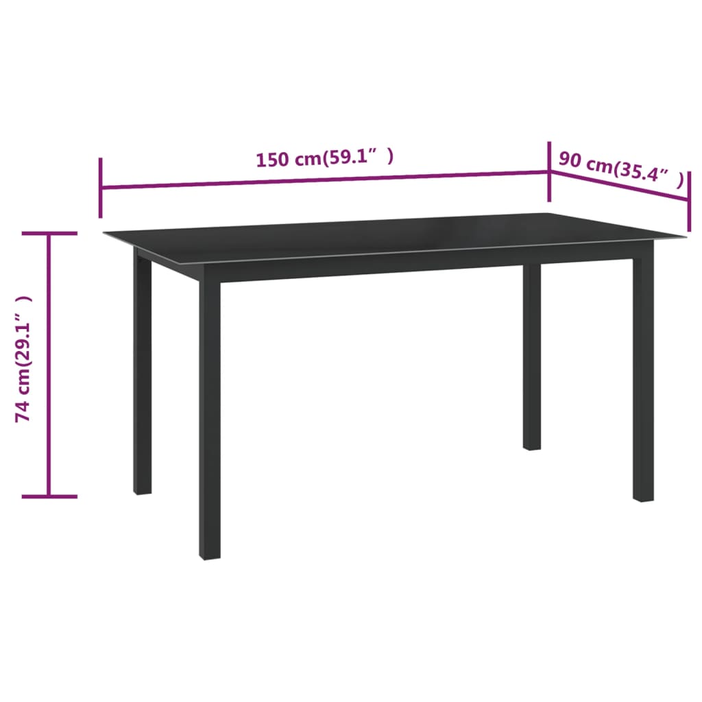 Tuintafel Aluminium En Glas 150 x 90 x 74 cm Zwart