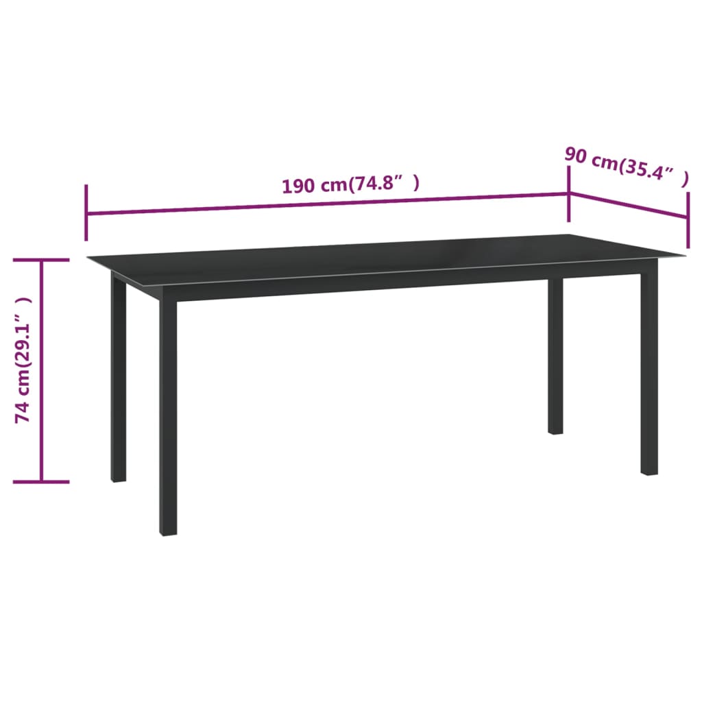 Tuintafel Aluminium En Glas 190 x 90 x 74 cm Zwart