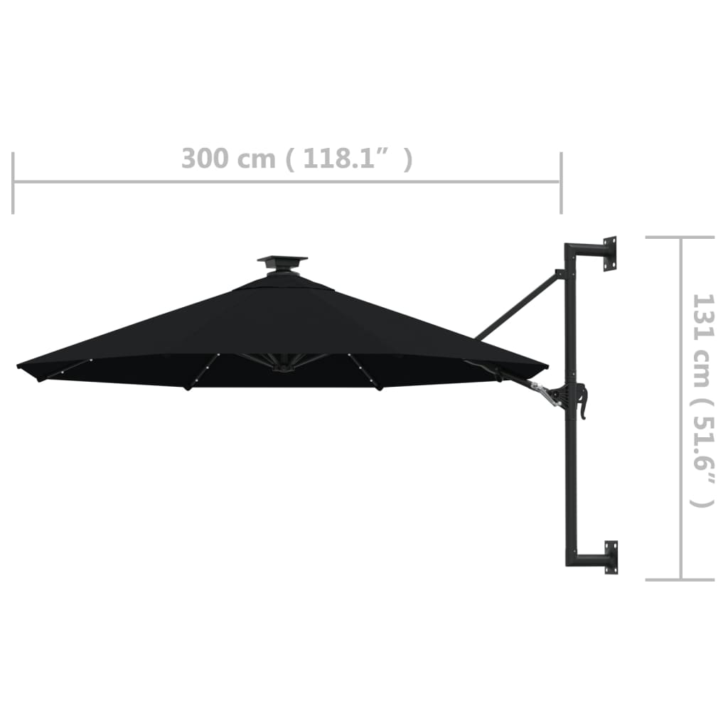 Wandparasol met LED's 300 cm zwart