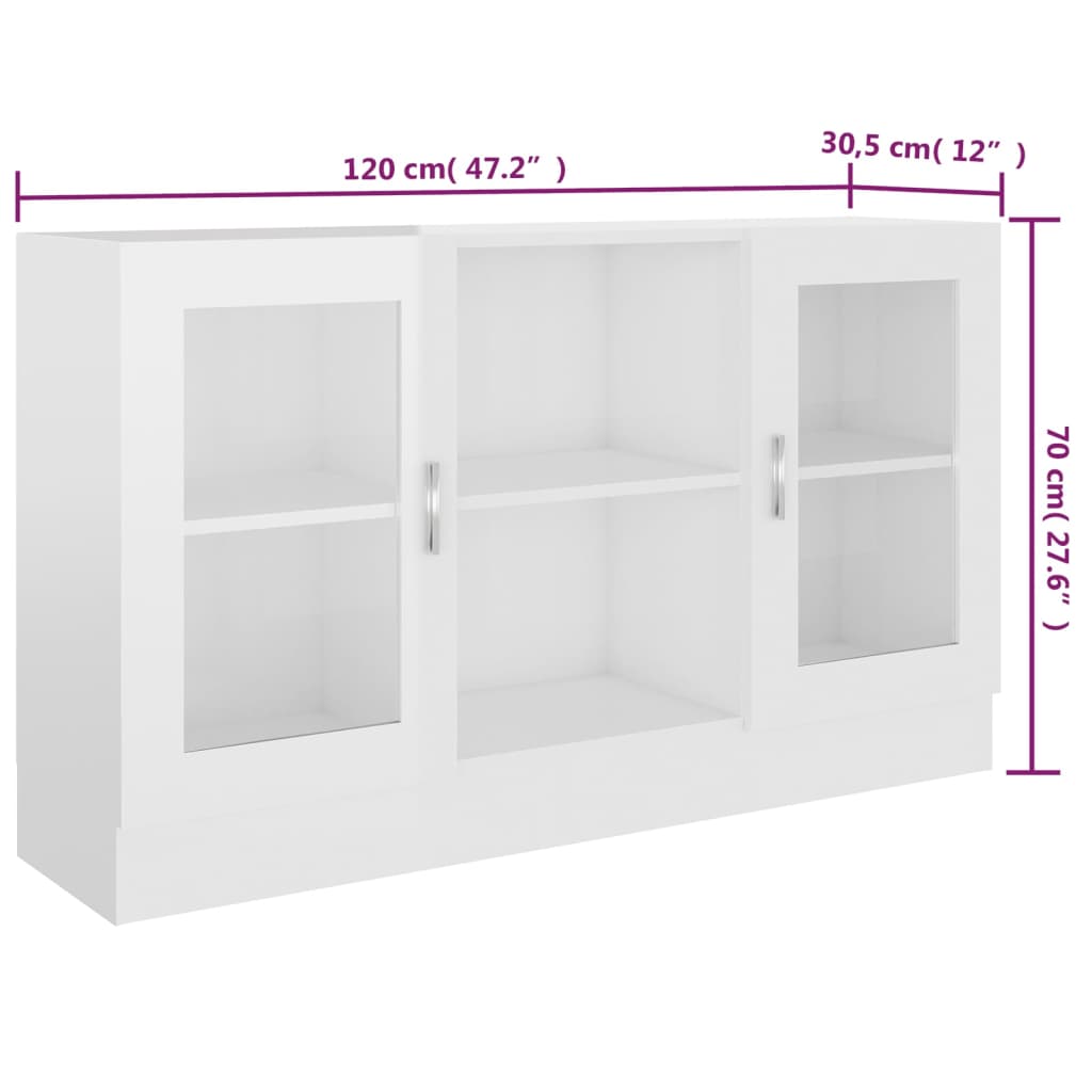 Vitrinekast 120X30,5X70 Cm Spaanplaat Hoogglans Wit Bewerkt hout en glas