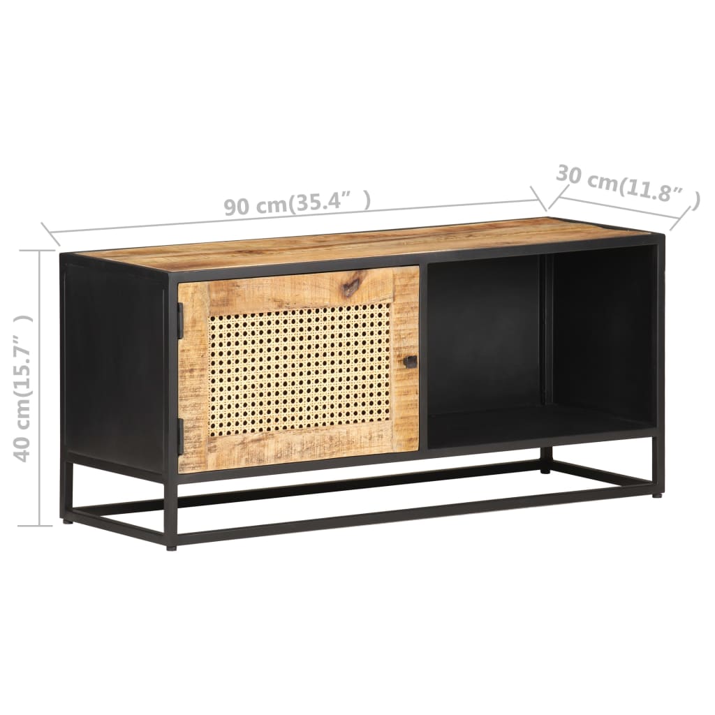 Tv-Meubel 90X30X40 Cm Ruw Mangohout En Natuurlijk Riet Zwart En Mat