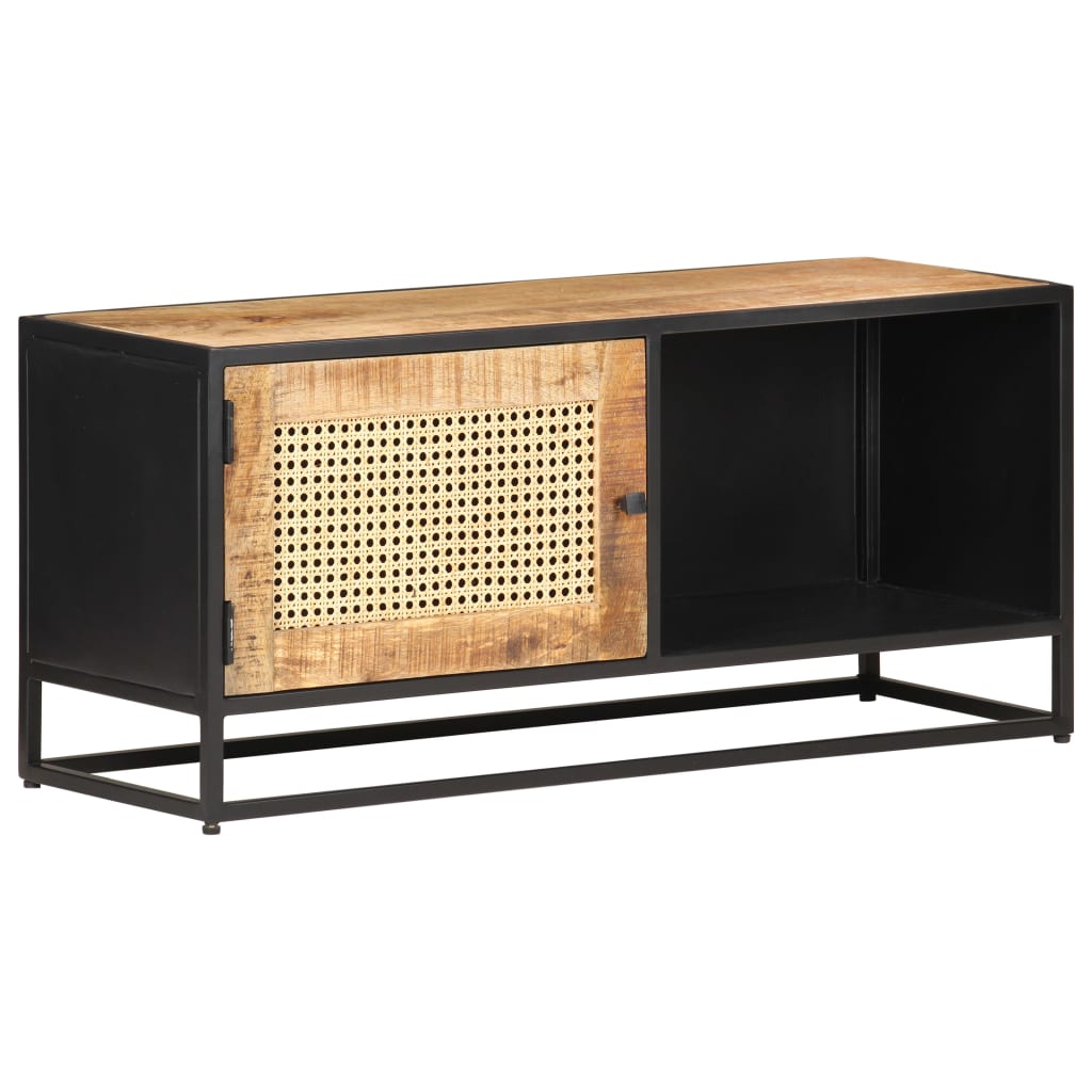 Tv-Meubel 90X30X40 Cm Ruw Mangohout En Natuurlijk Riet Zwart En Mat