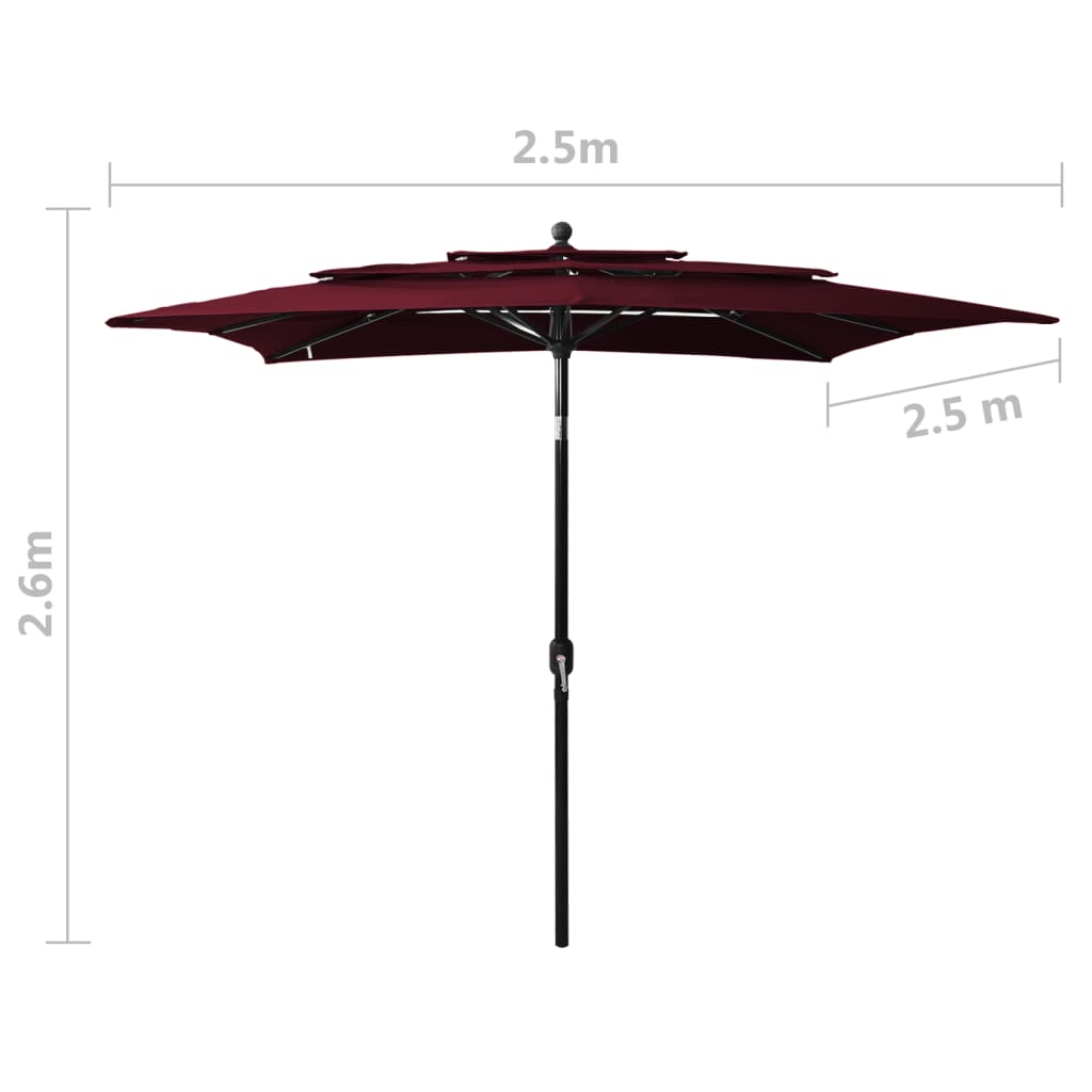 Parasol 3-Laags Met Aluminium Paal 2,5X2,5 M Bordeauxrood 2.5 x 2.5 m