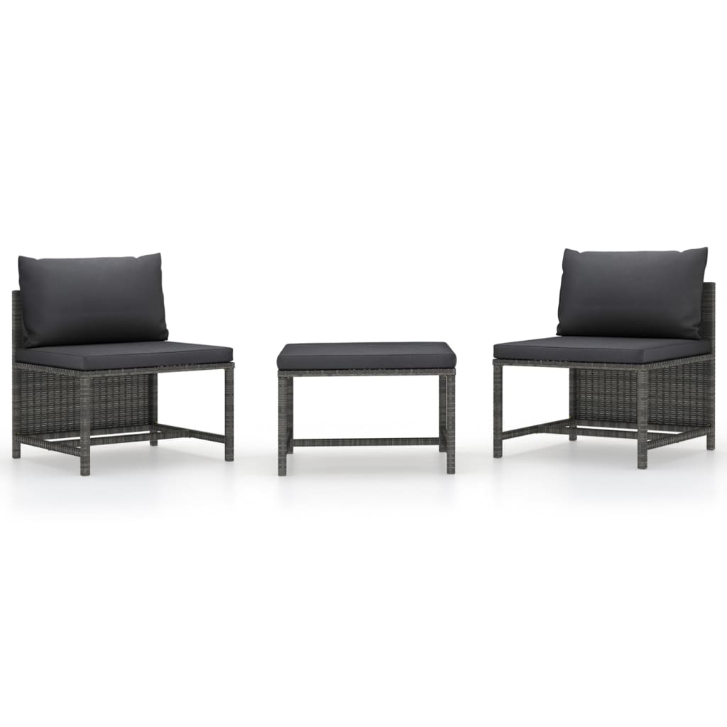 3-Delige Loungeset Met Kussens Poly Rattan Grijs 1 2x midden + voetensteun