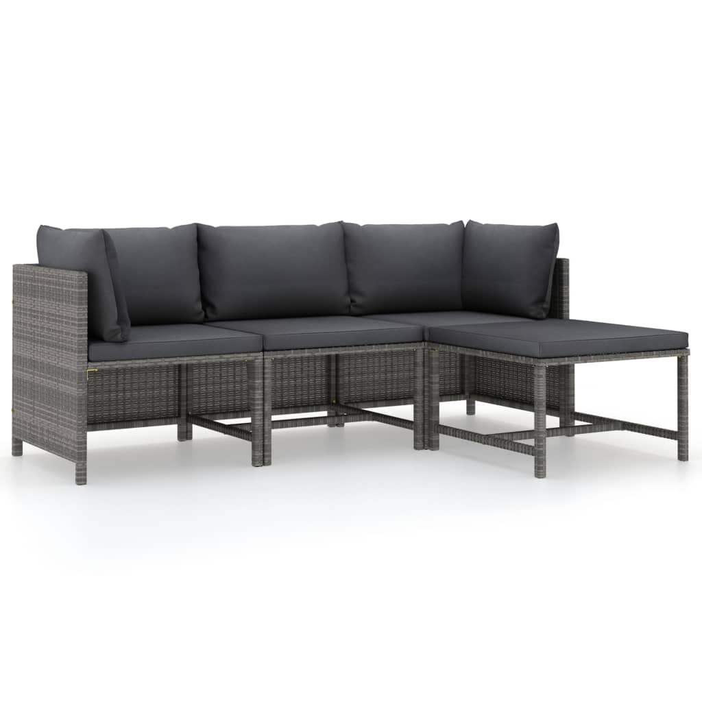 4-Delige Loungeset Met Kussens Poly Rattan Grijs 1 2x hoek + midden + voetensteun