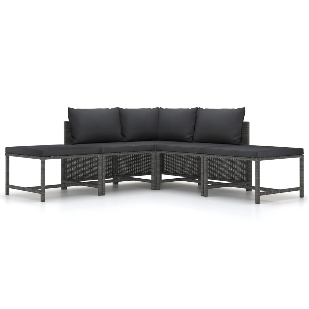 5-Delige Loungeset Met Kussens Poly Rattan Grijs 1 hoek + 2x midden + 2x voetensteun