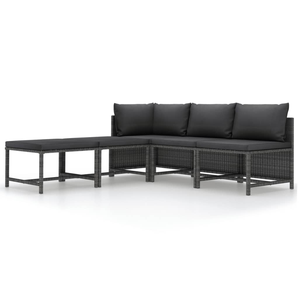 5-Delige Loungeset Met Kussens Poly Rattan Grijs 1 hoek + 2x midden + 2x voetensteun