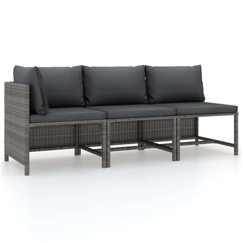 3-Delige Loungeset Met Kussens Poly Rattan Grijs 1 hoek + 2x midden