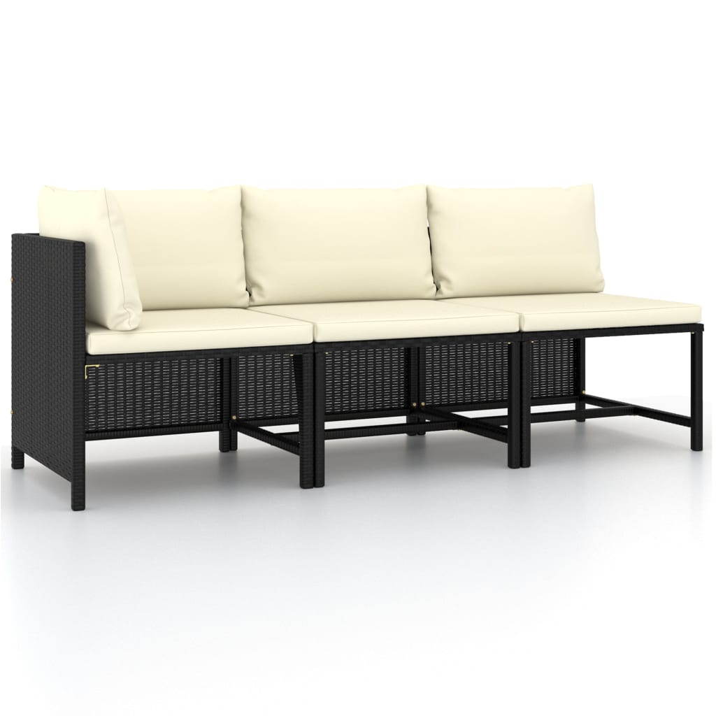 3-Delige Loungeset Met Kussens Poly Rattan Zwart 1 Crèmewit