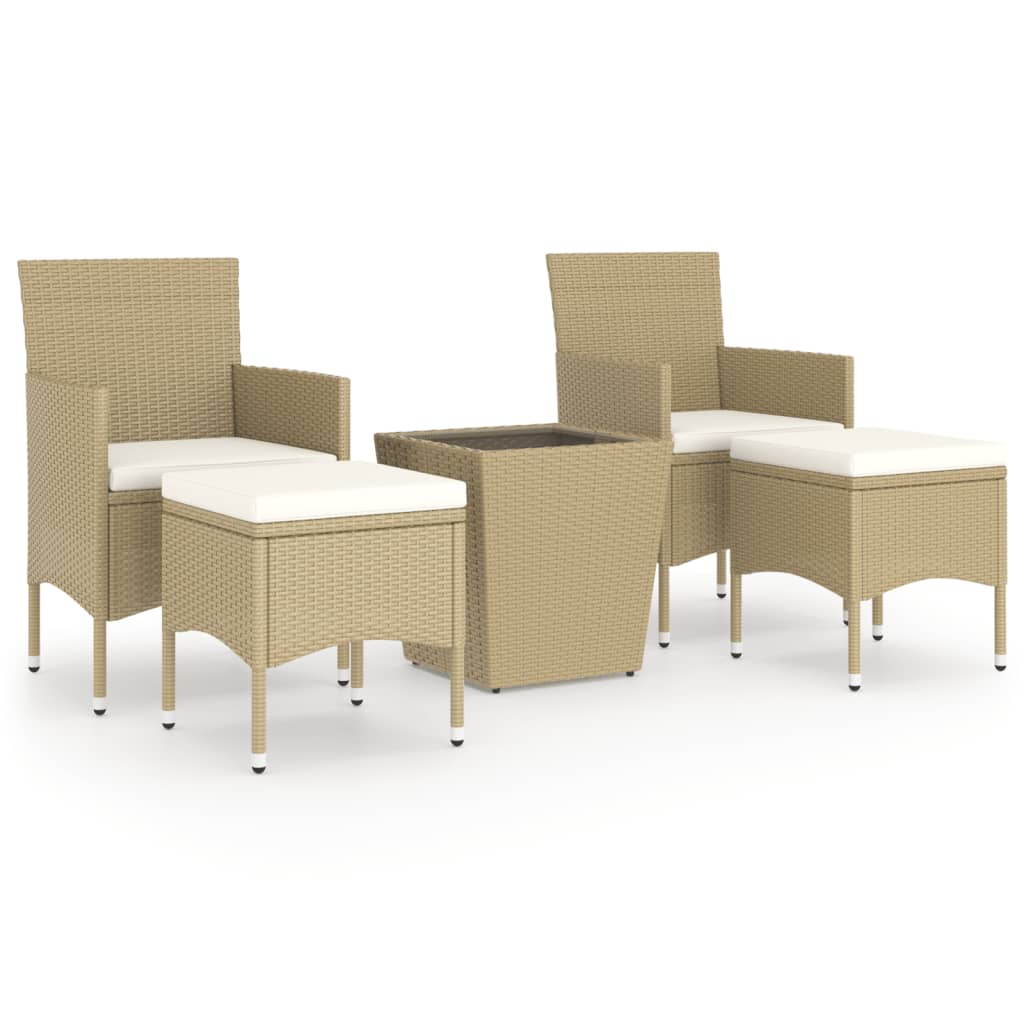 5-Delige Bistroset Poly Rattan En Gehard Glas Beige Met voetensteun