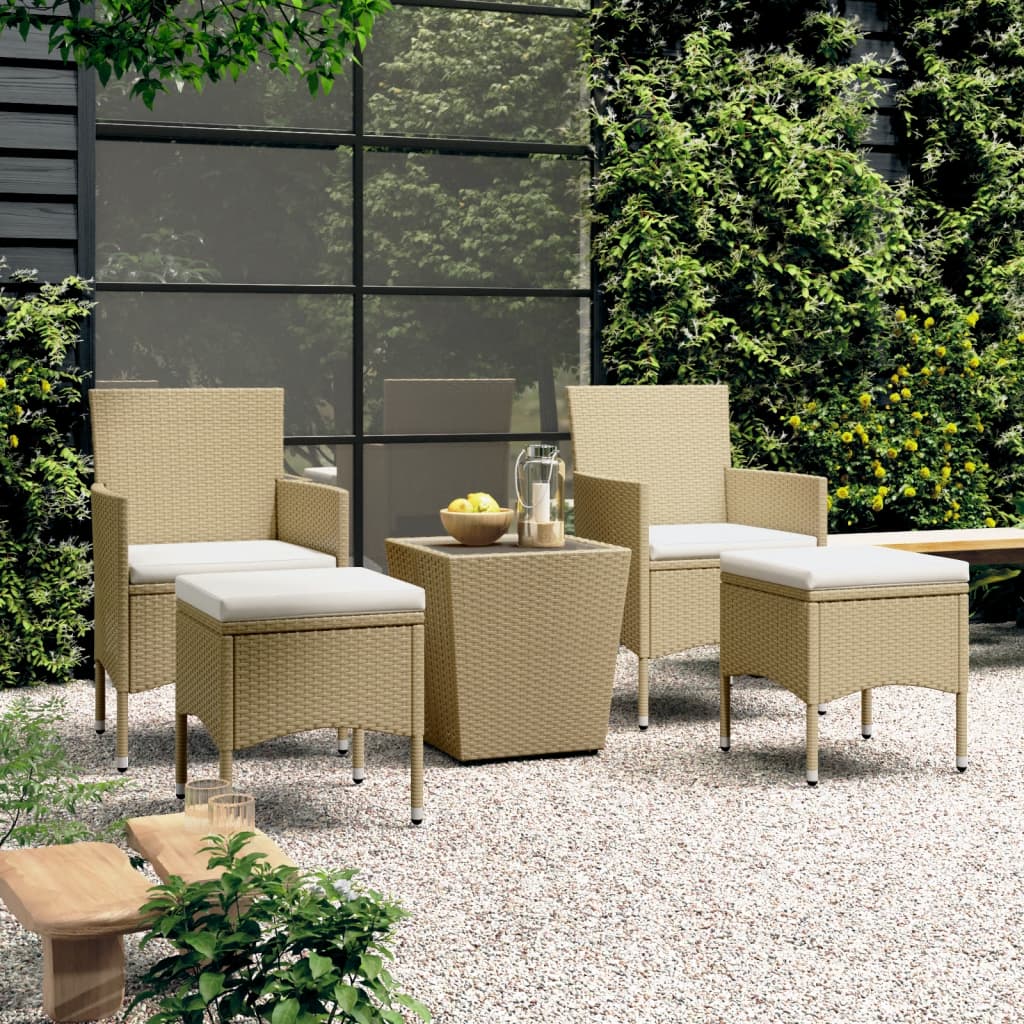 5-Delige Bistroset Poly Rattan En Gehard Glas Beige Met voetensteun