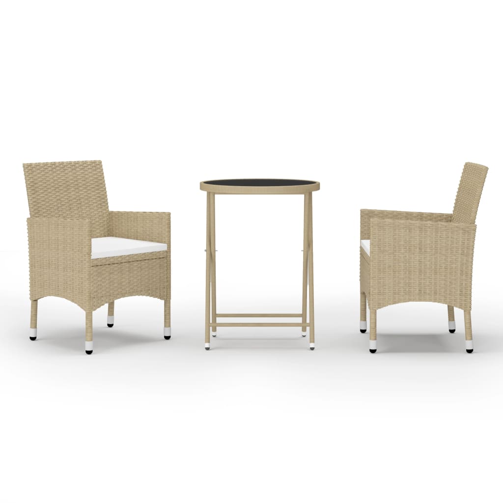 3-Delige Bistroset Poly Rattan En Gehard Glas Beige Zonder voetensteun