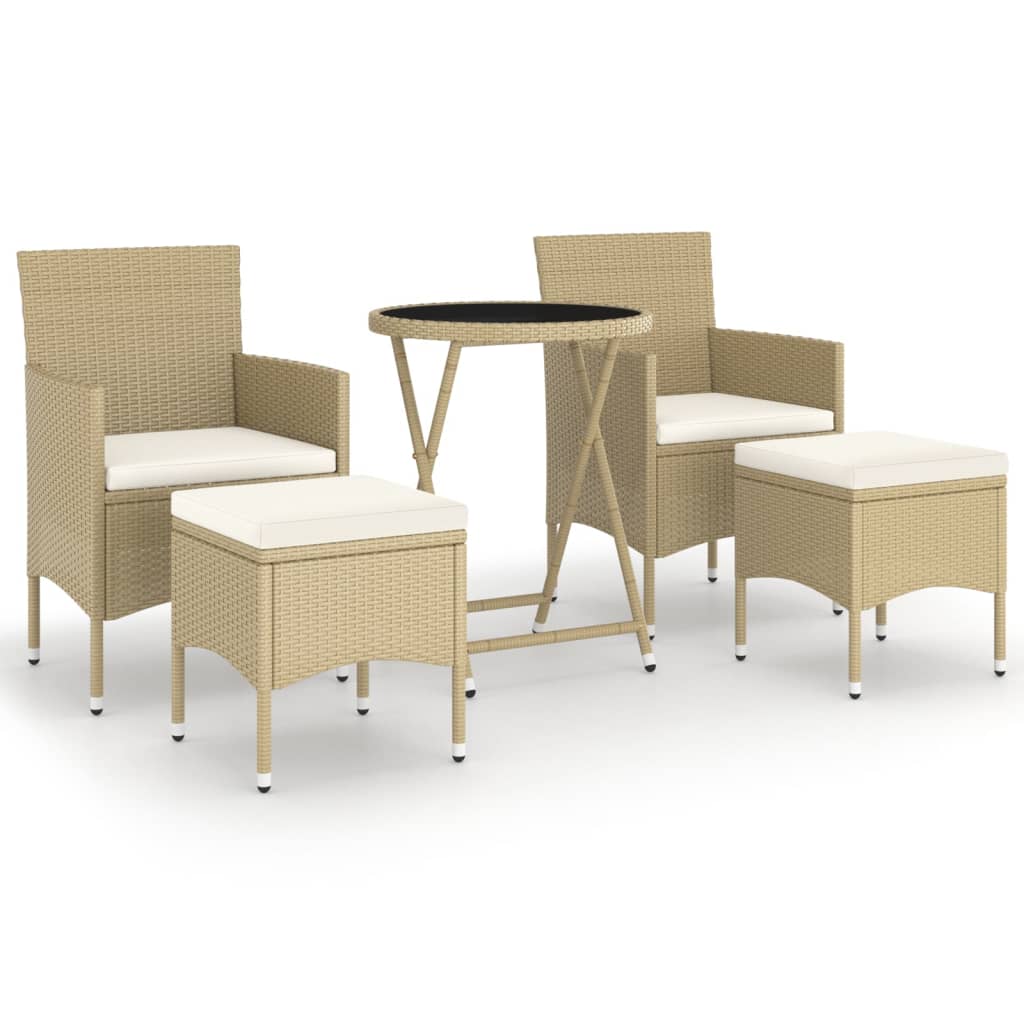 5-Delige Bistroset Poly Rattan En Gehard Glas Beige Met voetensteun