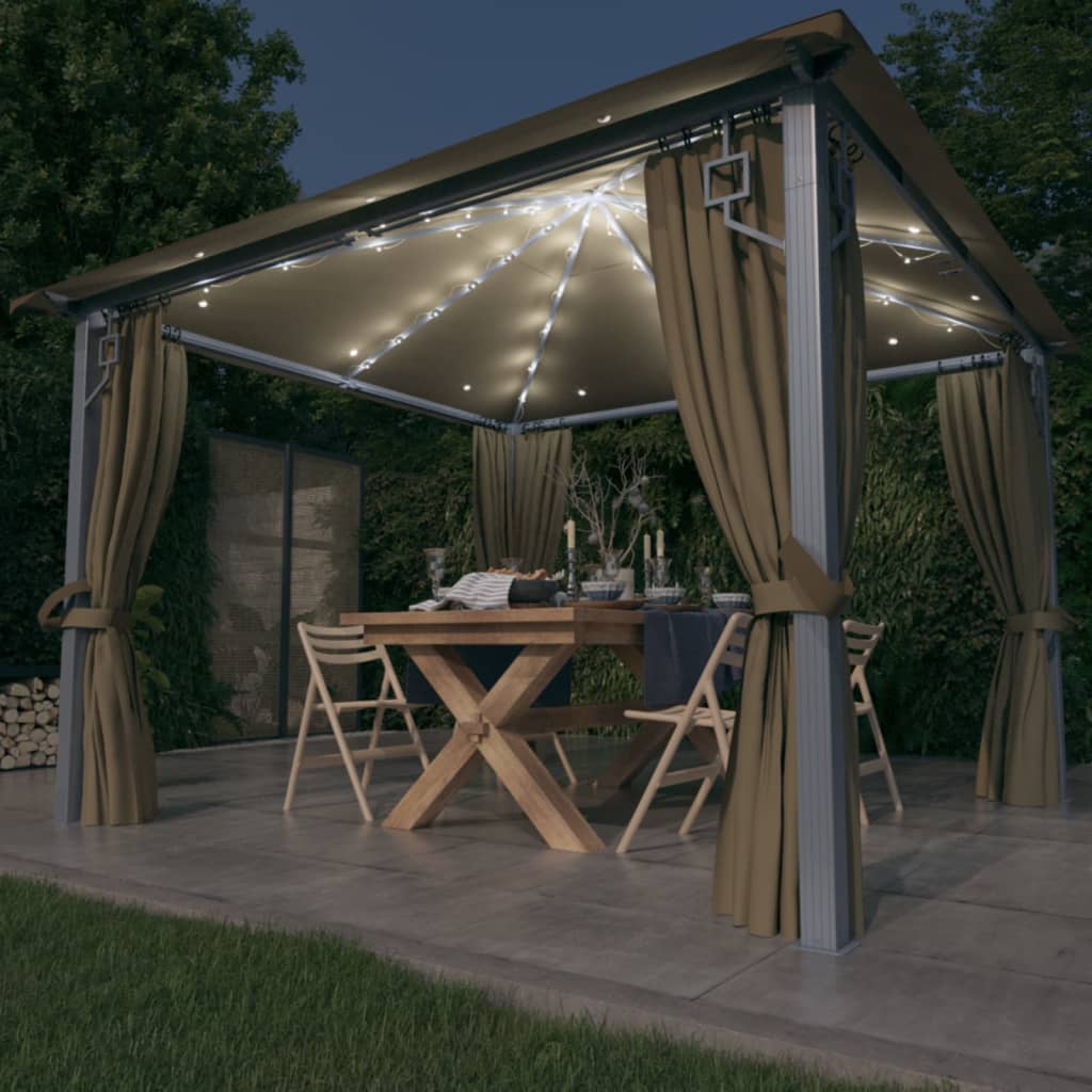 Prieel Met Gordijn En Led-Lichtslinger 3X3 M Aluminium 300 x 300 cm Taupe