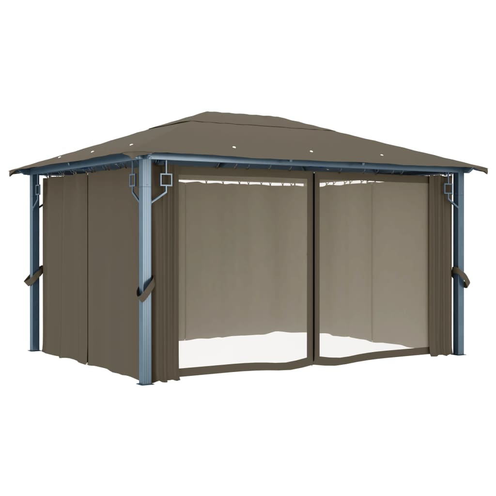 Prieel Met Gordijn En Led-Lichtslinger 4X3 M Aluminium 400 x 300 cm Taupe