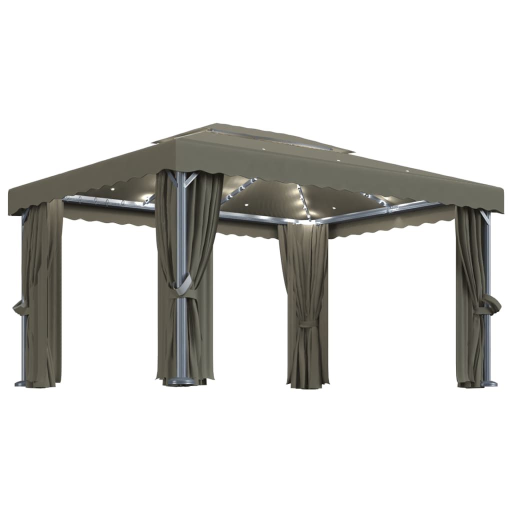 Prieel Met Gordijn En Led-Lichtslinger 4 x 3 m Taupe