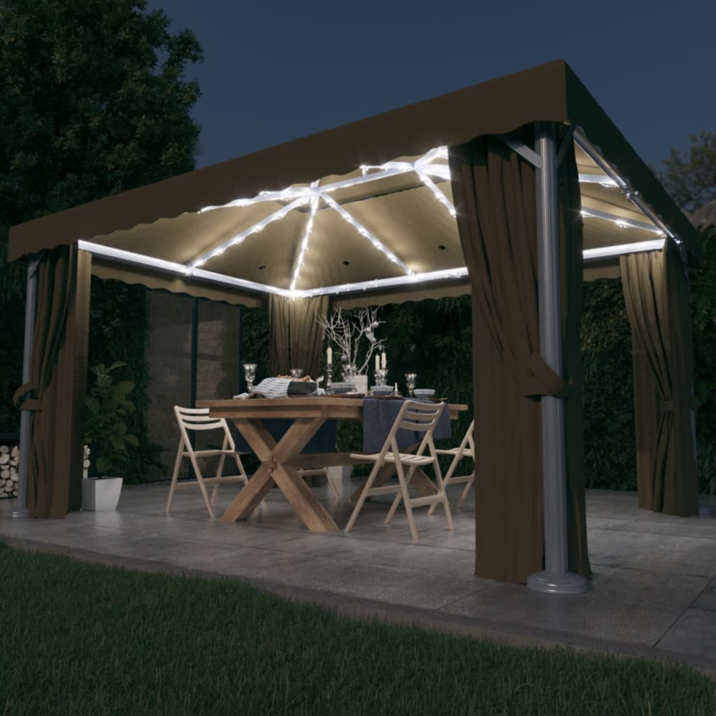 Prieel Met Gordijn En Led-Lichtslinger 4 x 3 m Taupe