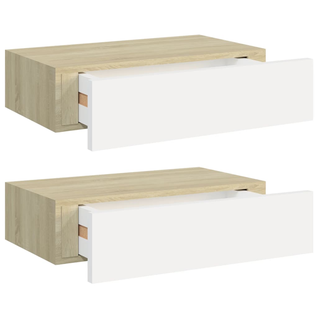 Wandschappen 2 St Met Lade 40X23,5X10 Cm Mdf Eikenkleur En Wit 40 x 23.5 x 10 cm Eiken en wit