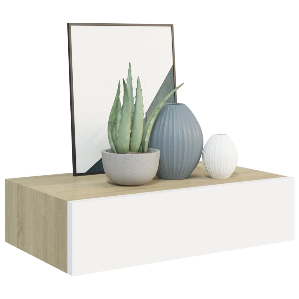 Wandschappen 2 St Met Lade 40X23,5X10 Cm Mdf Eikenkleur En Wit 40 x 23.5 x 10 cm Eiken en wit