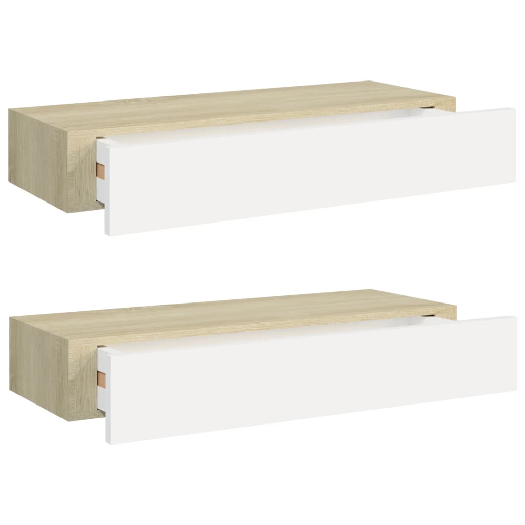 Wandschappen 2 St Met Lade 60X23,5X10 Cm Mdf Eikenkleurig Wit 60 x 23.5 x 10 cm Eiken en wit