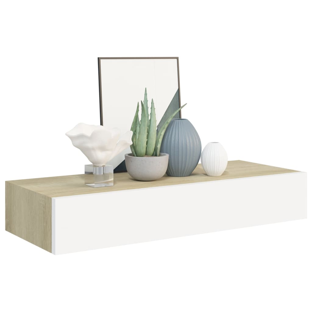 Wandschappen 2 St Met Lade 60X23,5X10 Cm Mdf Eikenkleurig Wit 60 x 23.5 x 10 cm Eiken en wit