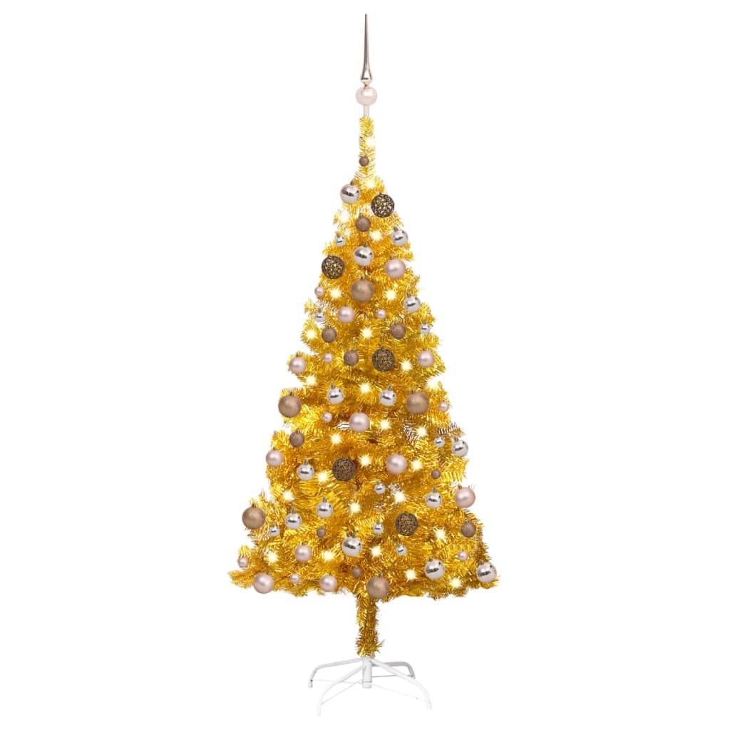 Kunstkerstboom met verlichting en kerstballen 150 cm PET goud