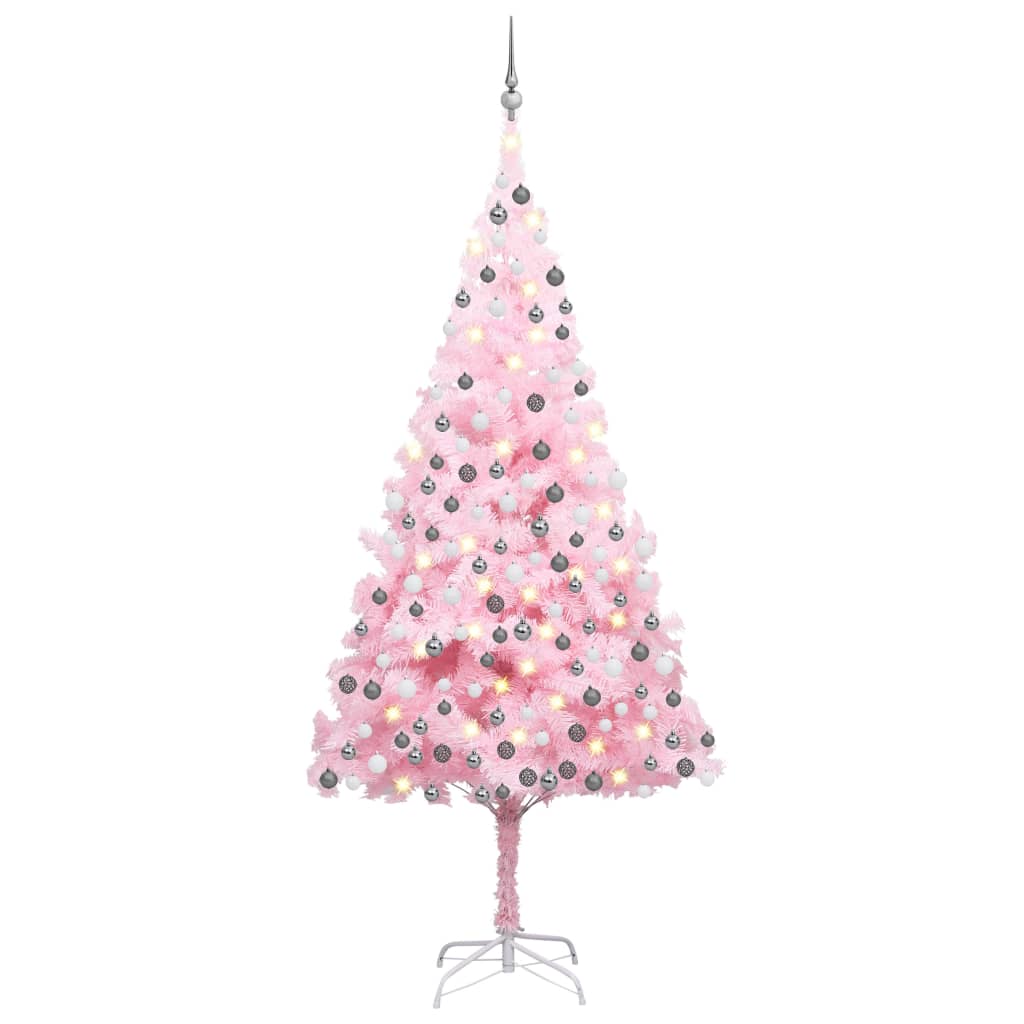 Kunstkerstboom Met Led's En Kerstballen 210 Cm Pvc Roze 210 x 120 cm Roze en grijs