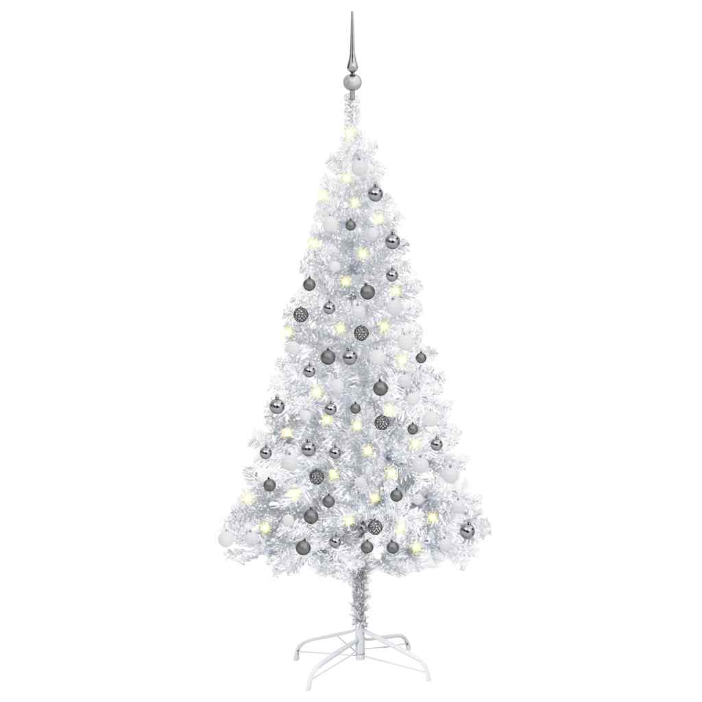 Kunstkerstboom met verlichting en kerstballen 150 cm PET zilver