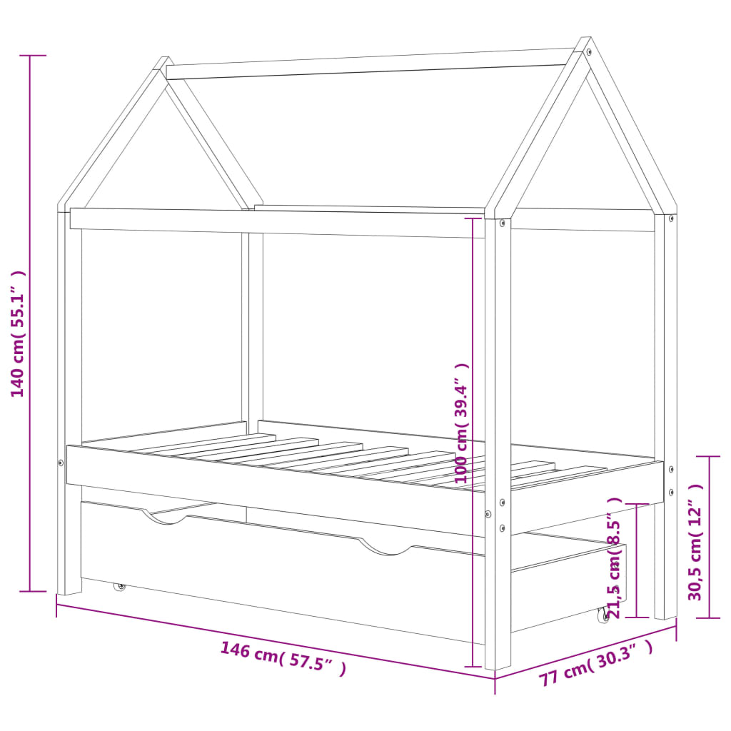 Kinderbedframe Met Lade Massief Grenenhout 70X140 Cm 70 x 140 cm Bruin 1 lade