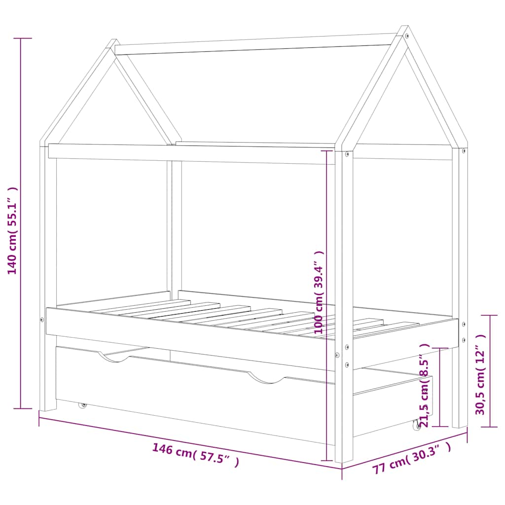 Kinderbedframe met lade grenenhout donkergrijs 70x140 cm