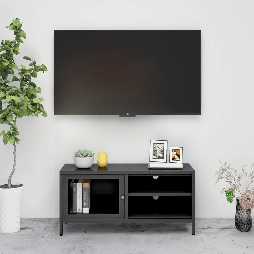 Tv-Meubel 90X30X44 Cm Staal En Glas Kleurig Antraciet