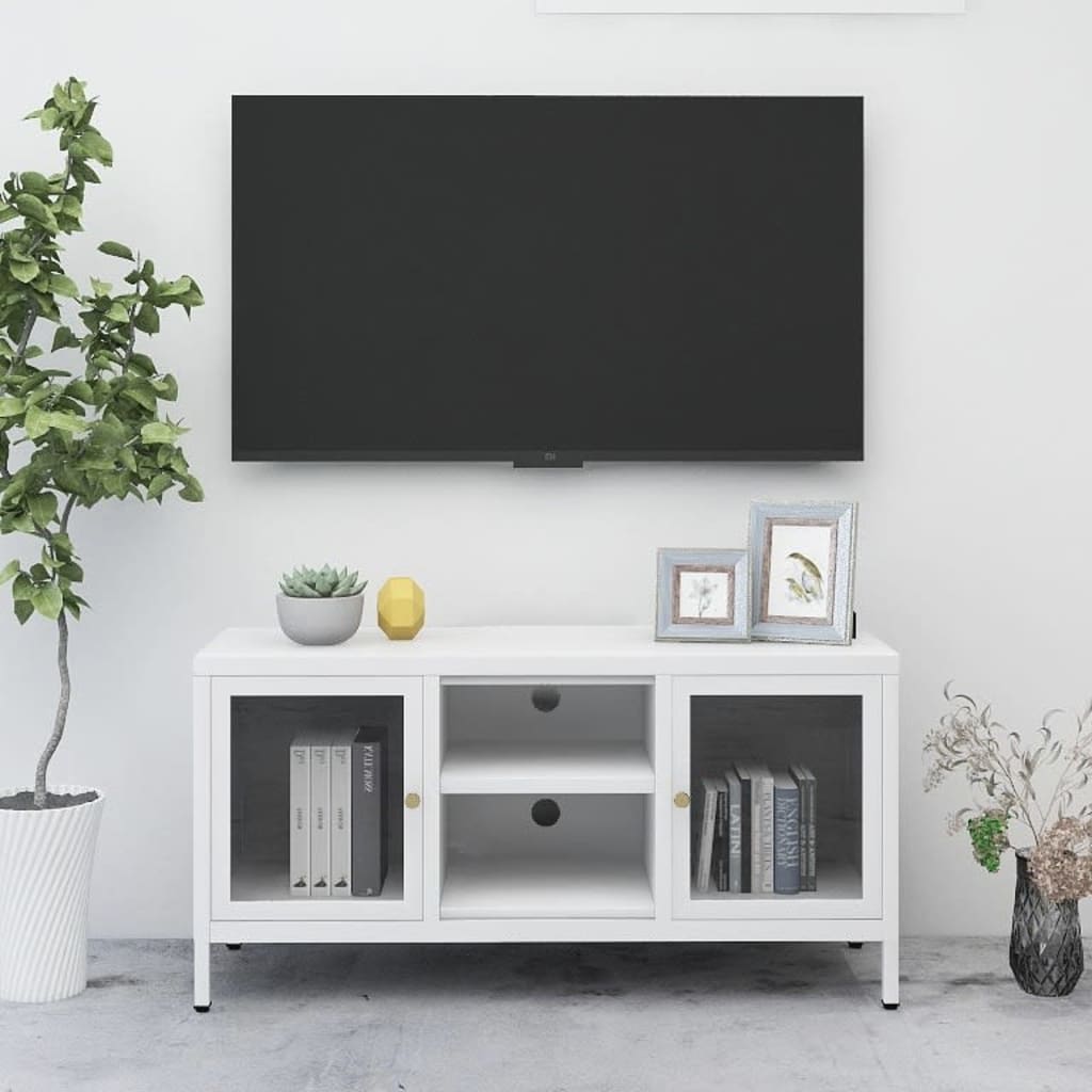 Tv-Meubel 05X35X52 Cm Staal En Glas Wit