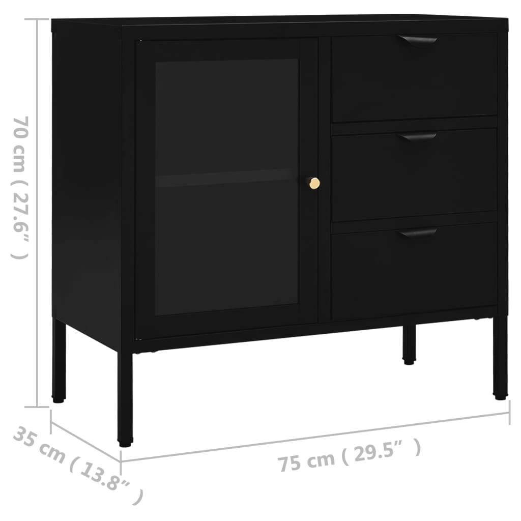 Dressoir 75X35X70 Cm Staal En Gehard Glas Zwart