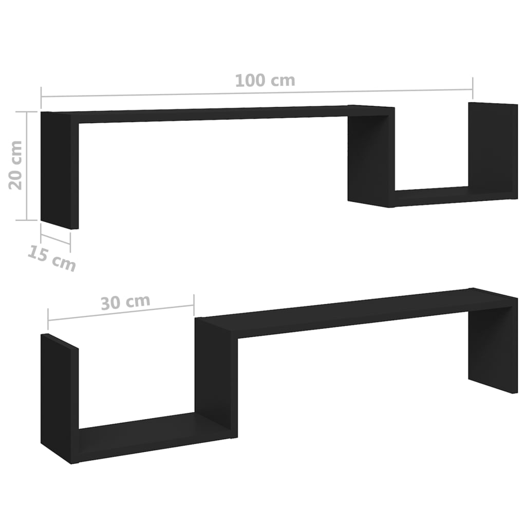 Wandschappen 2 st 100x15x20 cm bewerkt hout zwart