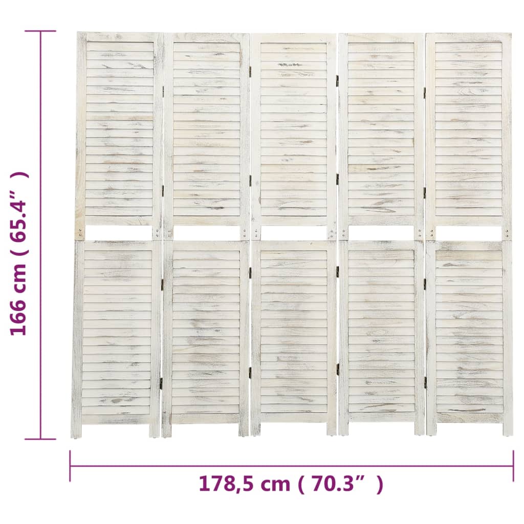 Kamerscherm Met 5 Panelen 78,5X66 Cm Massief Hout Antiekwit 178.5 x 166 cm