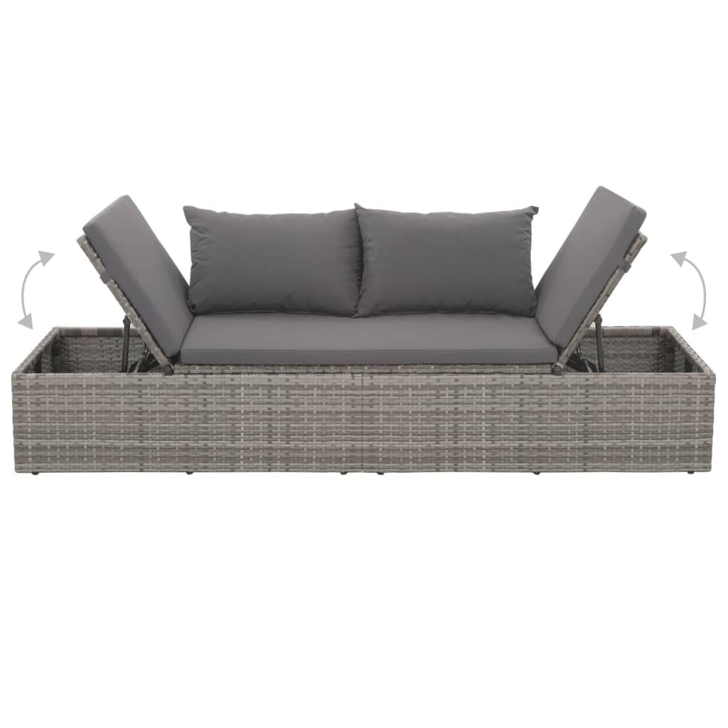 Loungebed met ligkussen en kussens poly rattan grijs