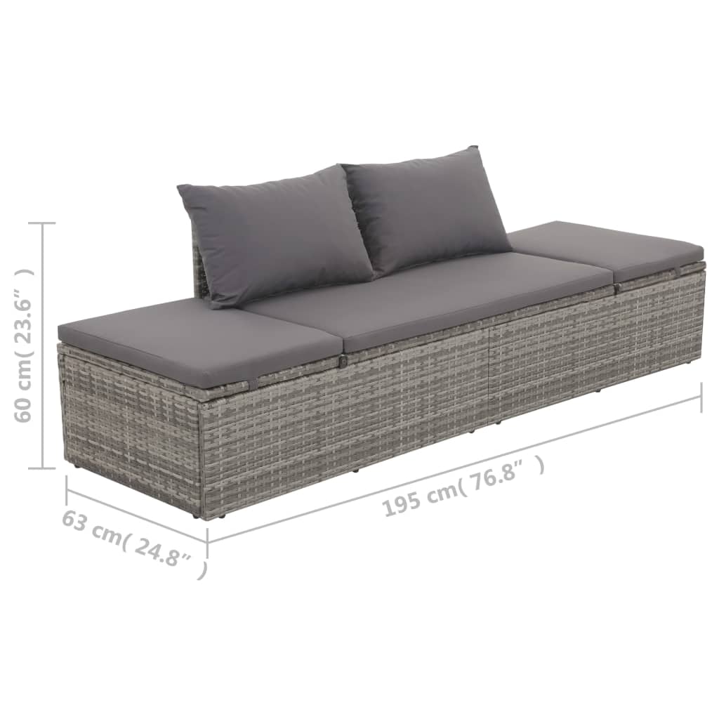 Loungebed met ligkussen en kussens poly rattan grijs