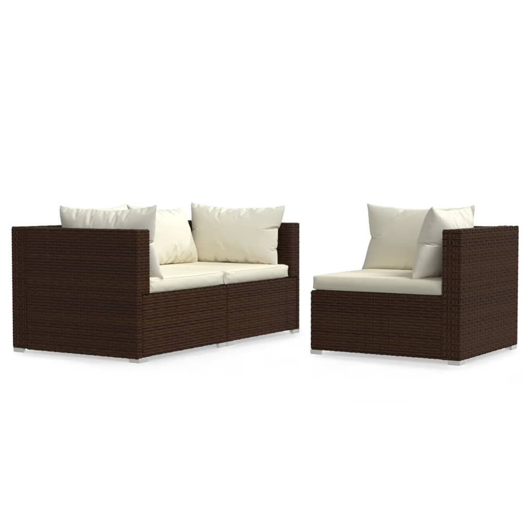 3-Delige Loungeset Met Kussens Poly Rattan Bruin 1 Bruin en crème 3x hoek