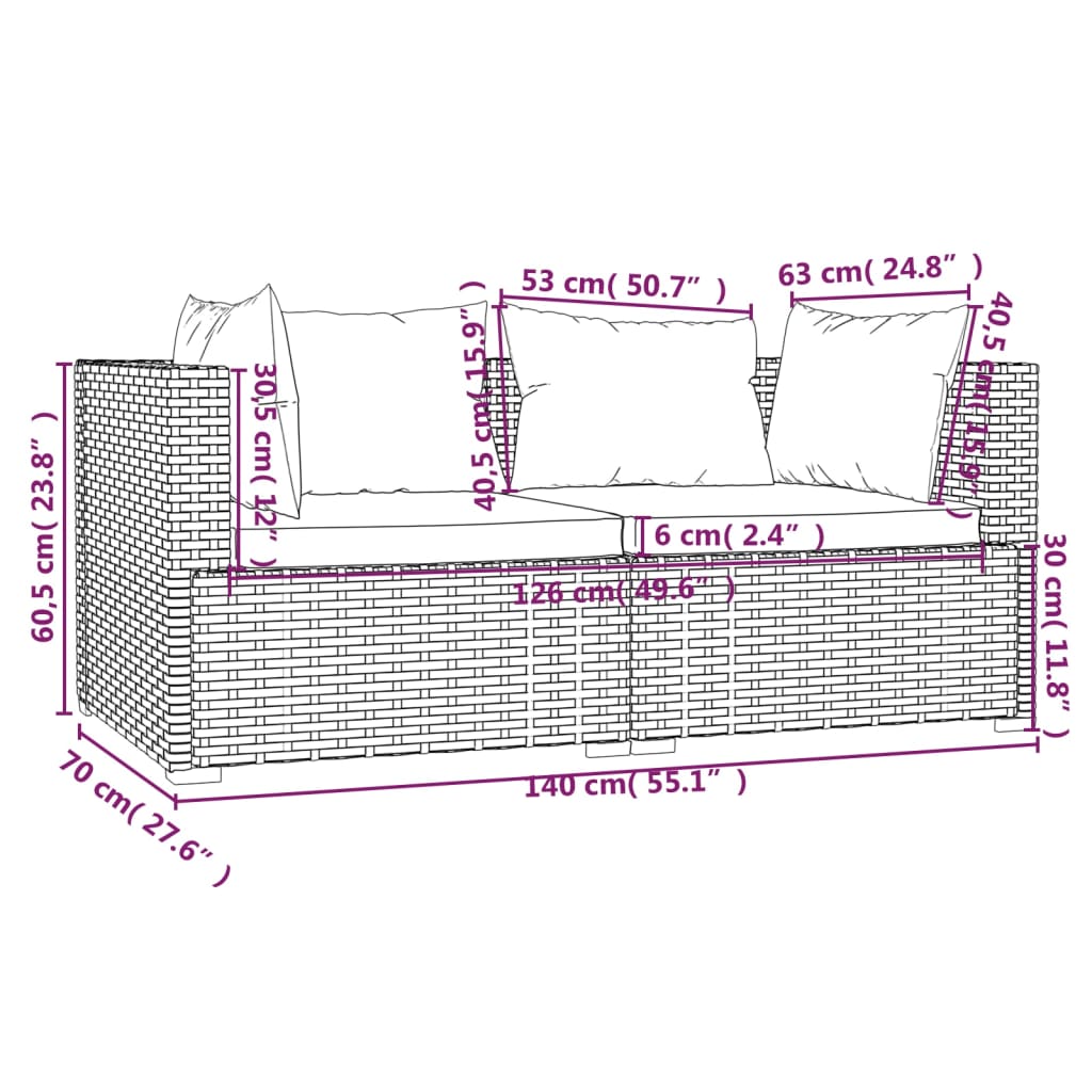 3-Delige Loungeset Met Kussens Poly Rattan Bruin 1 Bruin en crème 3x hoek