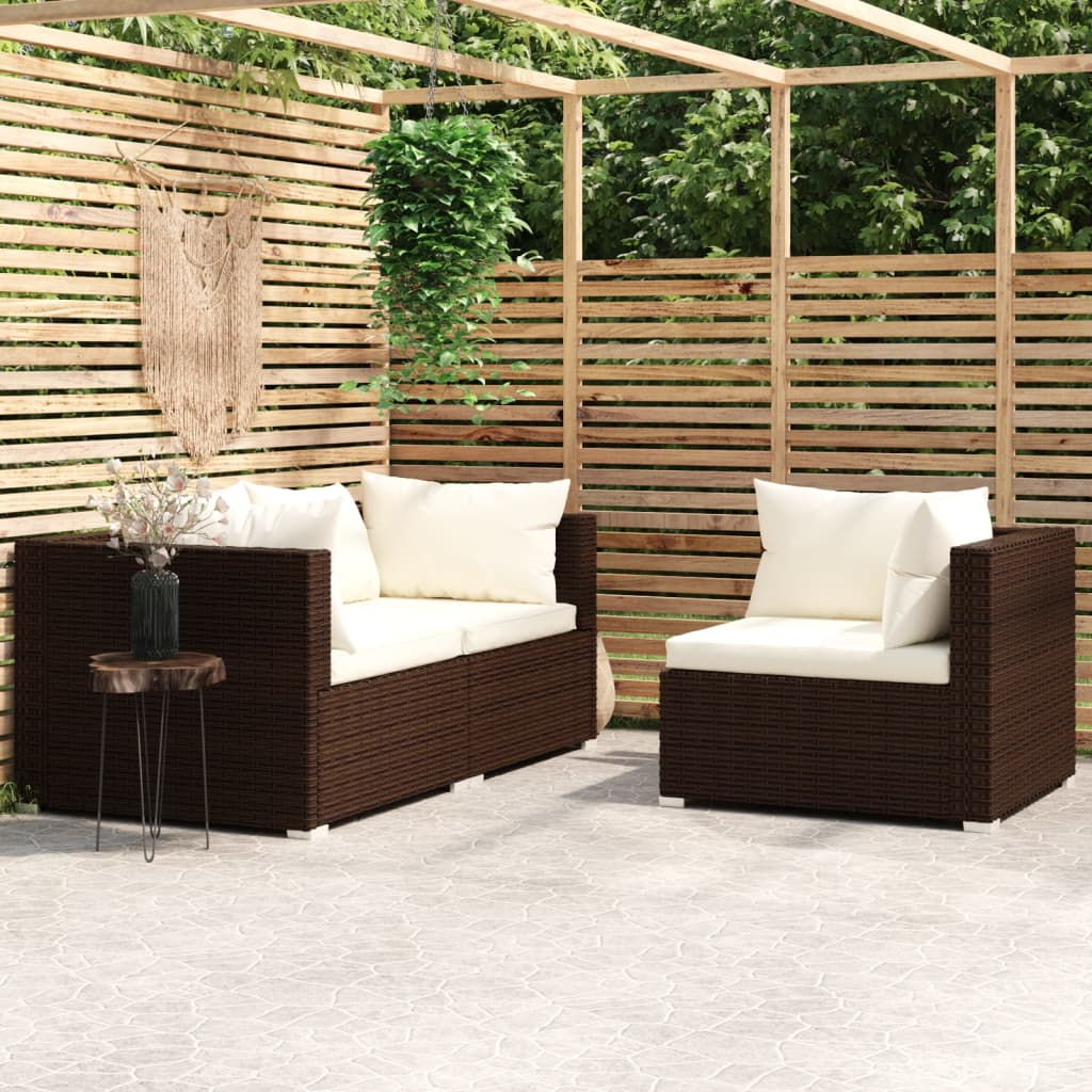 3-Delige Loungeset Met Kussens Poly Rattan Bruin 1 Bruin en crème 3x hoek