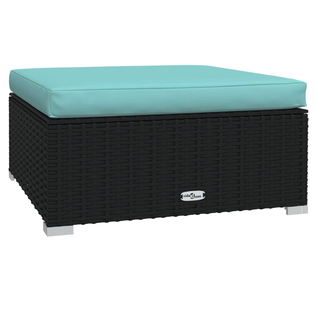 Tuinvoetenbank Met Kussen 70X70X30 Cm Poly Rattan Zwart en aqua